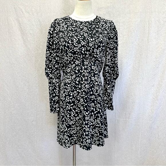 Topshop Austin Black Floral Mini Dress Bishop Sleeve Open Back
 size 6 - Picture 1 of 16